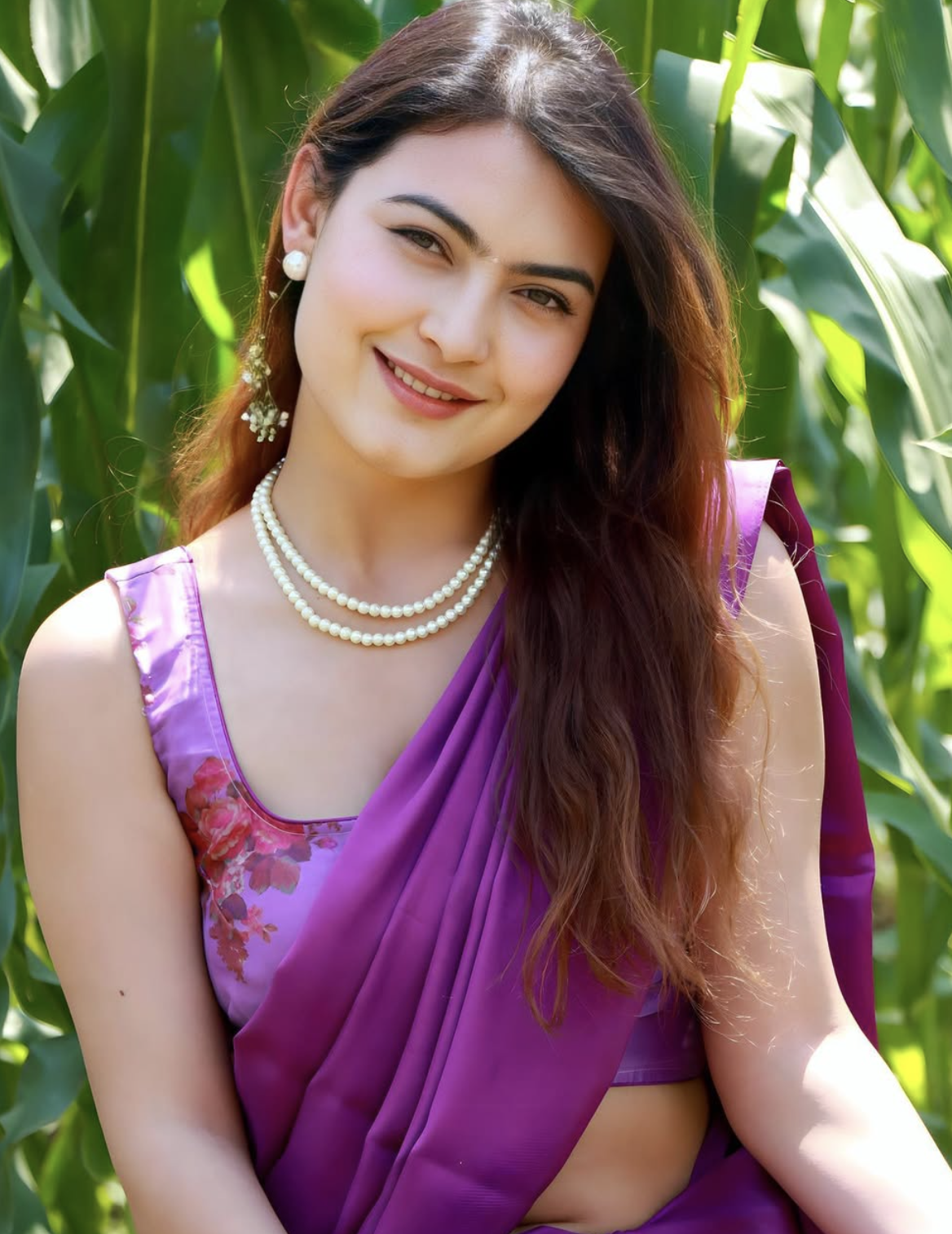 Ranjana smiling outdoors in a purple saree